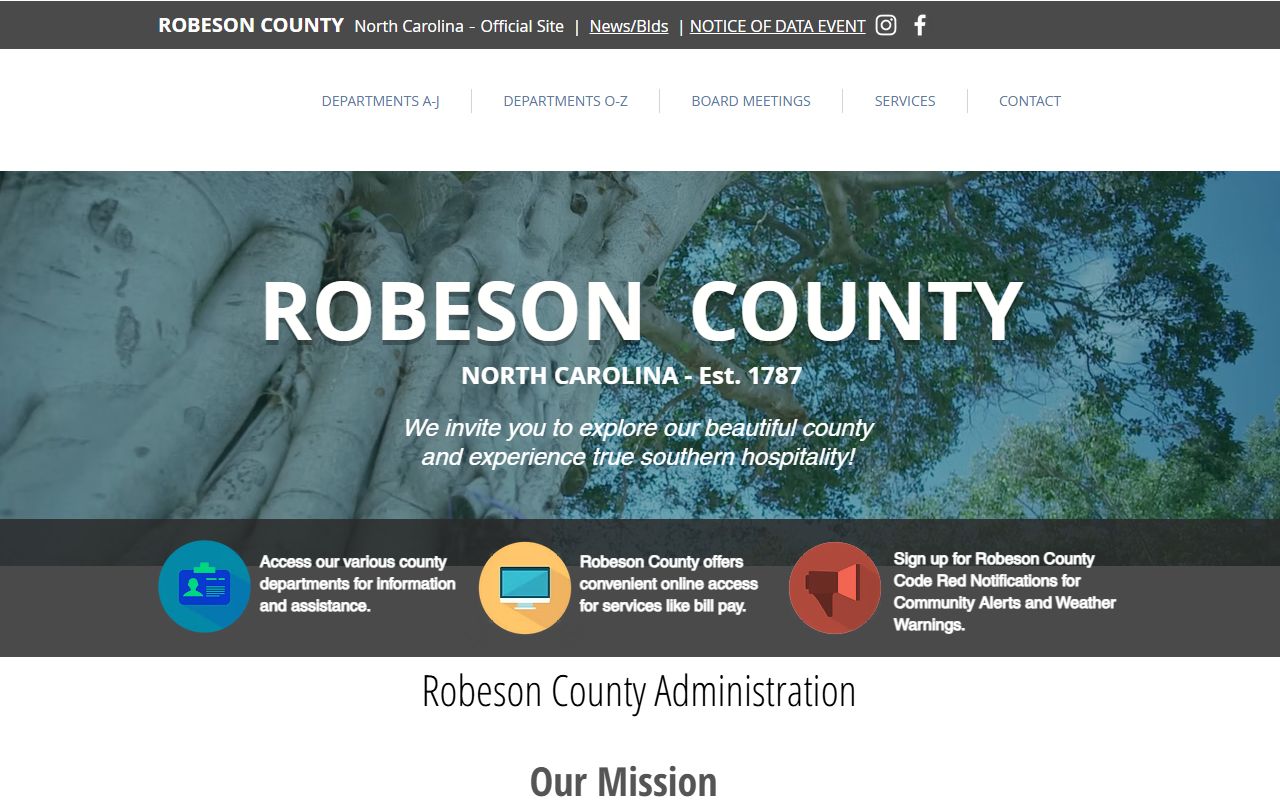 Robeson County Government website with links to civil court records and county services