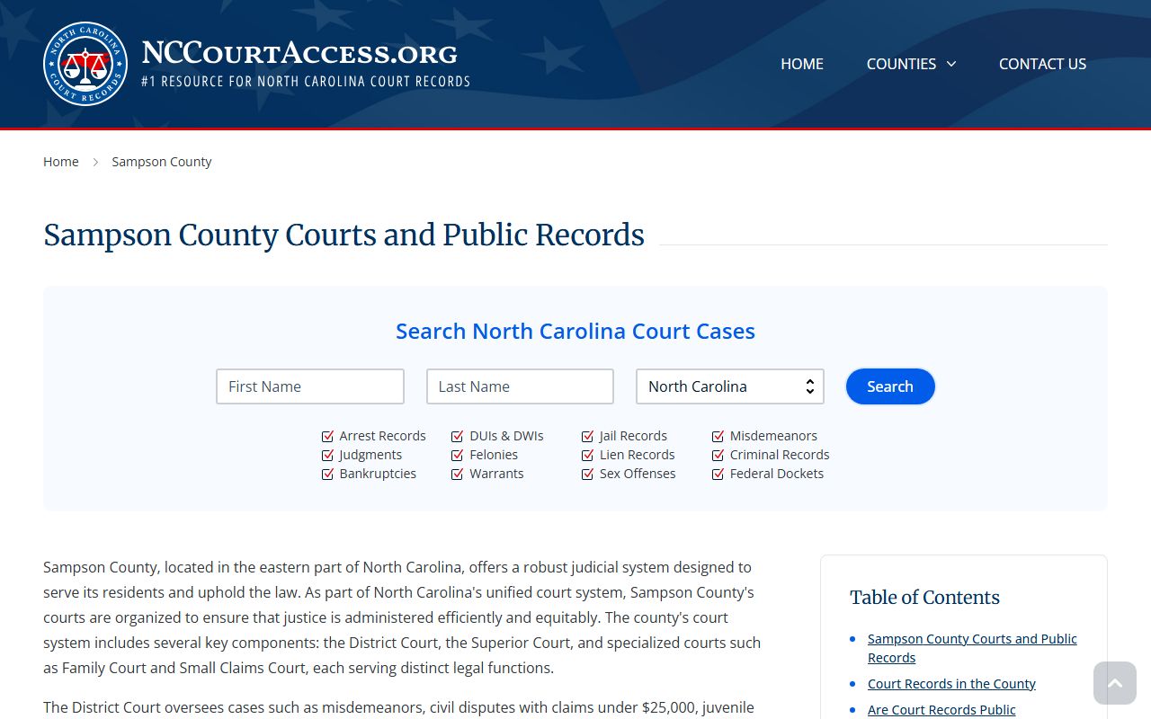 NC Judicial Branch guide for Sampson County civil court records search