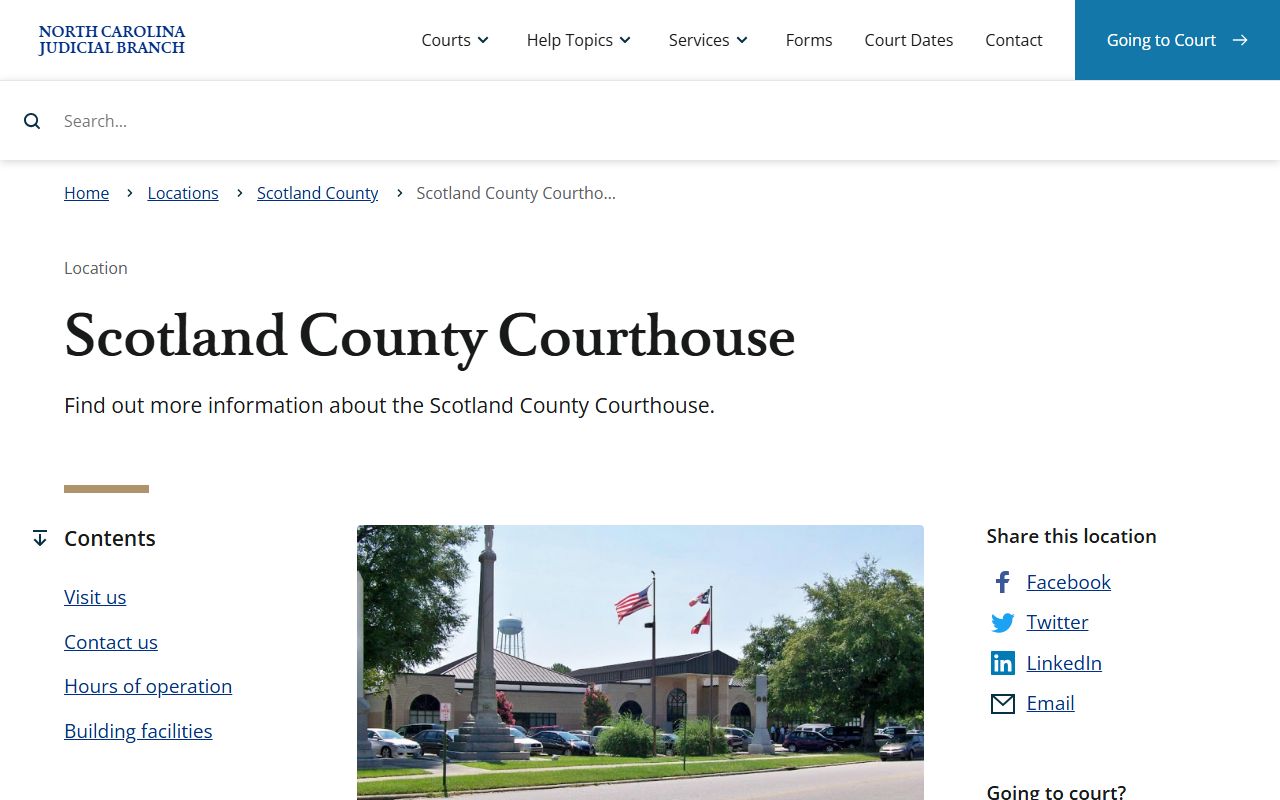 Scotland County Courthouse page showing civil court records access in Laurinburg North Carolina