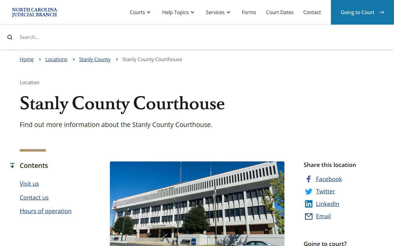Stanly County Courthouse page showing civil court records access in Albemarle North Carolina