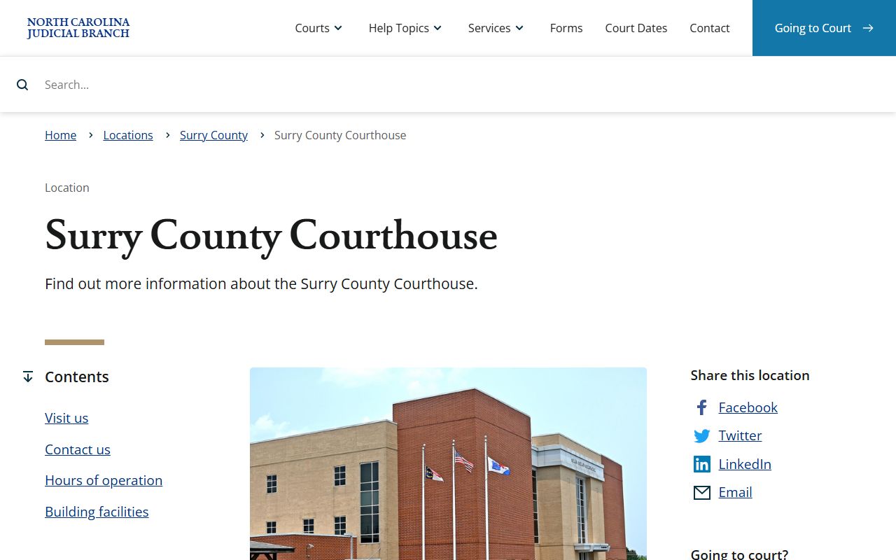 Surry County Courthouse page showing civil court records access in Dobson North Carolina