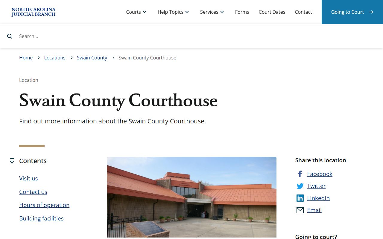 Swain County Courthouse page showing civil court records access in Bryson City North Carolina