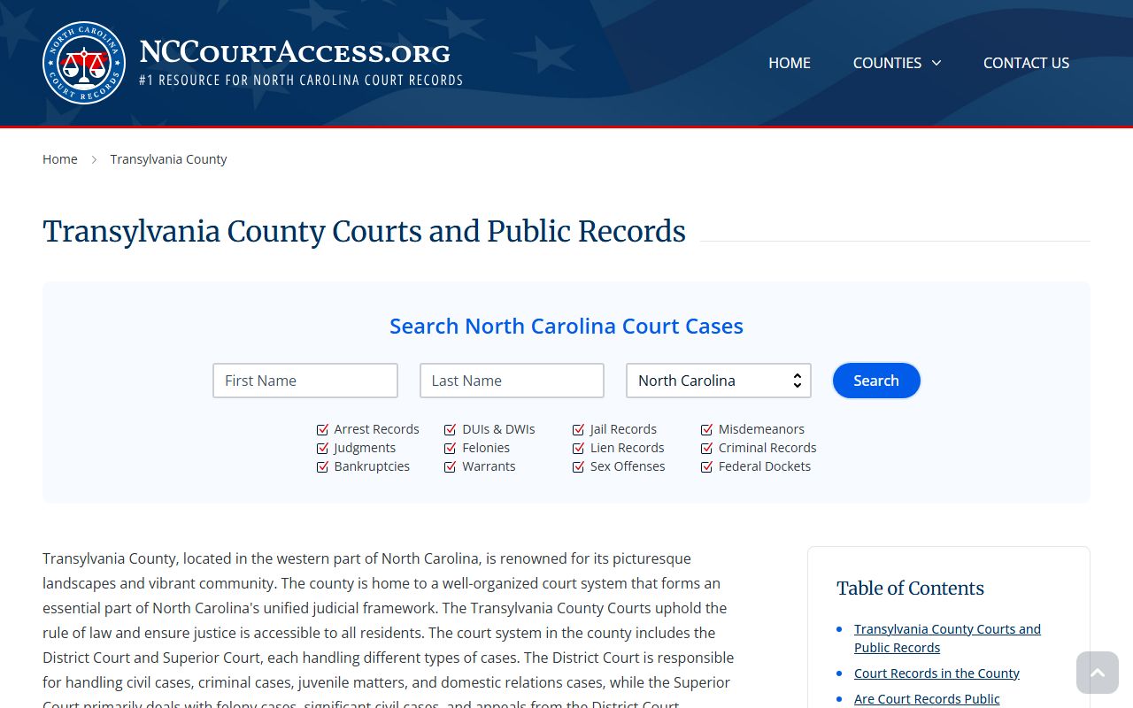 NC Judicial Branch guide for Transylvania County civil court records search