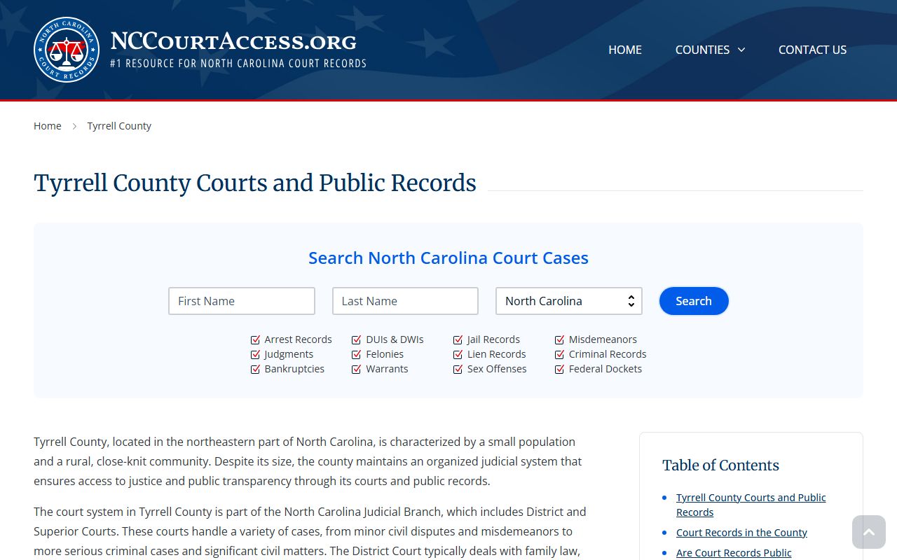 NC Judicial Branch guide for Tyrrell County civil court records