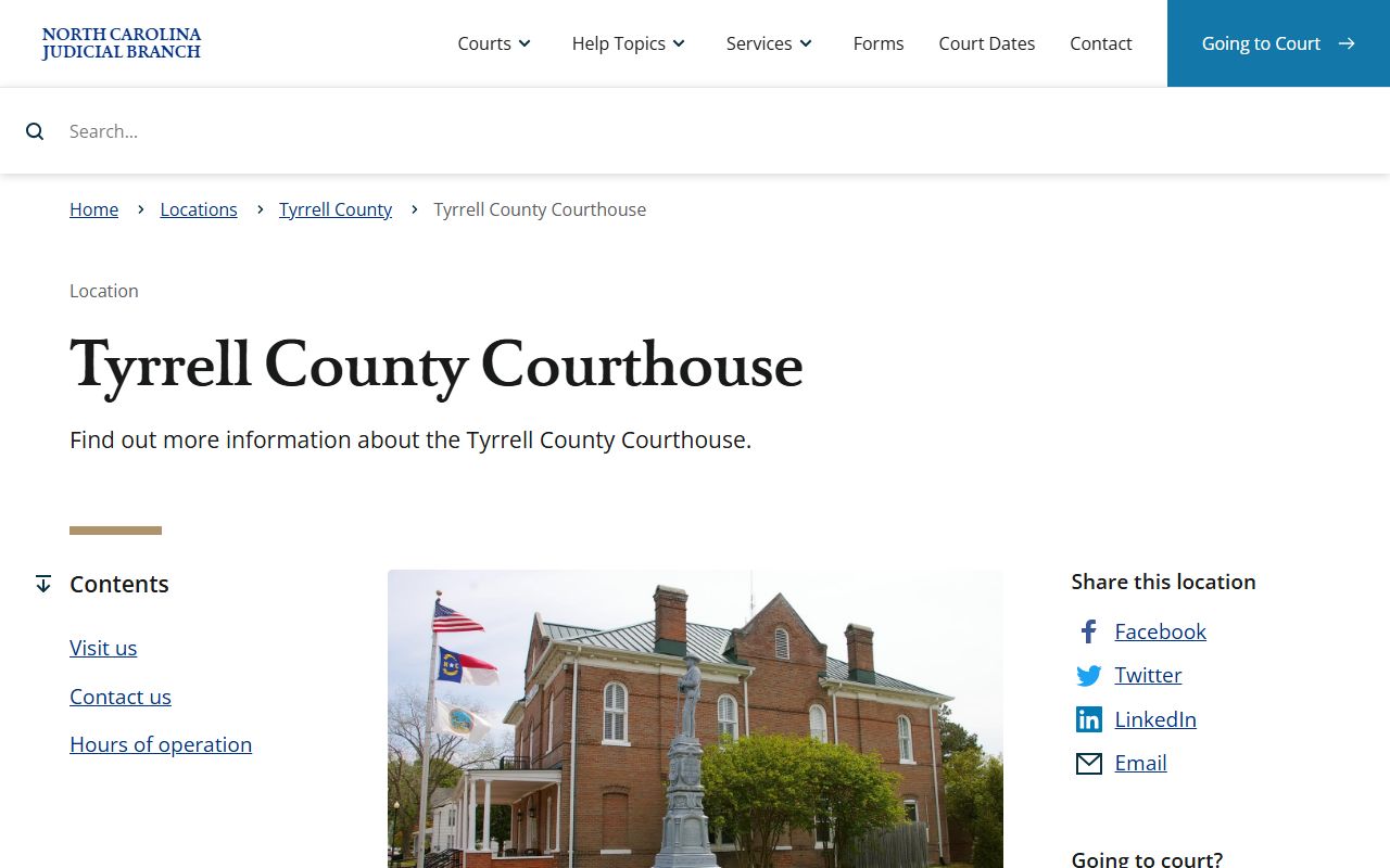 Tyrrell County Courthouse page for civil court records access in Columbia North Carolina