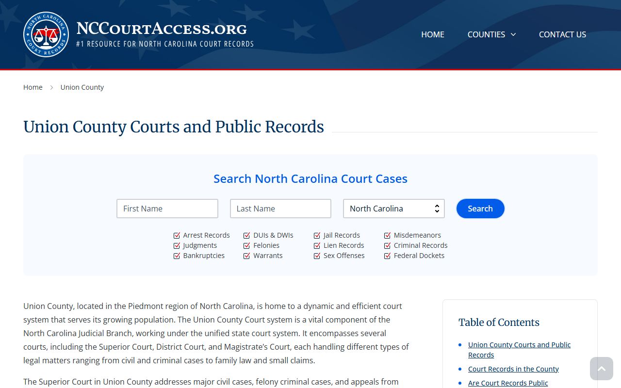 NC Judicial Branch guide for Union County civil court records