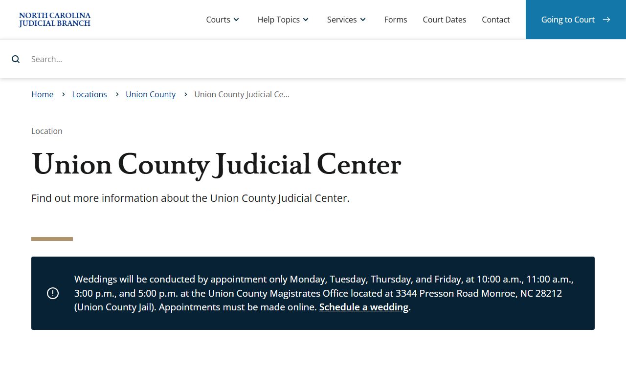 Union County Judicial Center page for civil court records access in Monroe North Carolina