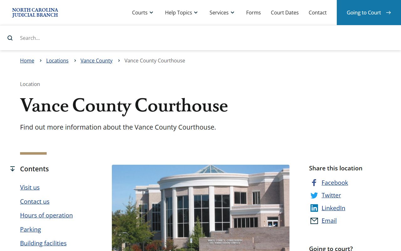 Vance County Courthouse details for civil court records access in Henderson North Carolina