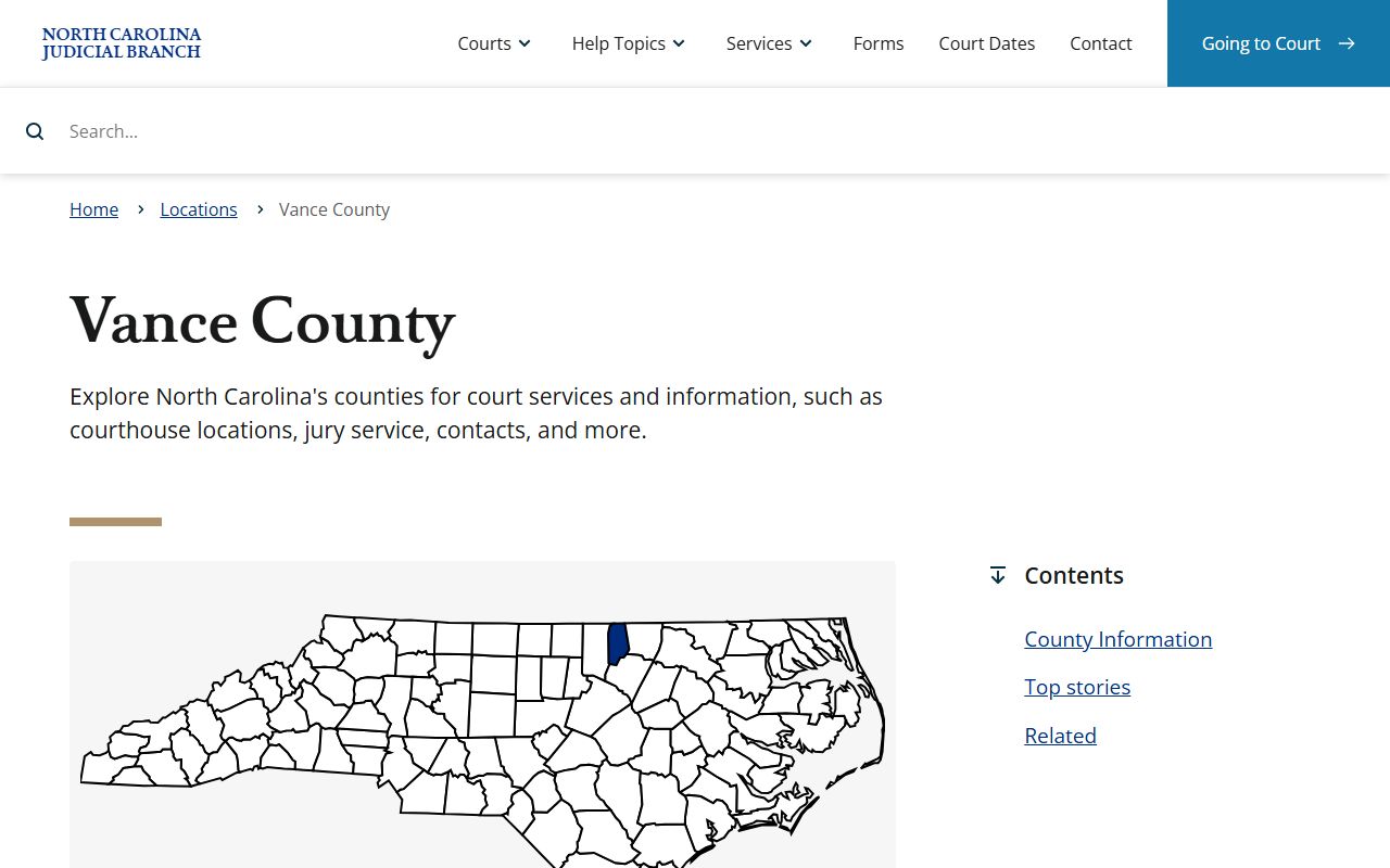 Vance County NC Judicial Branch page showing civil court records information