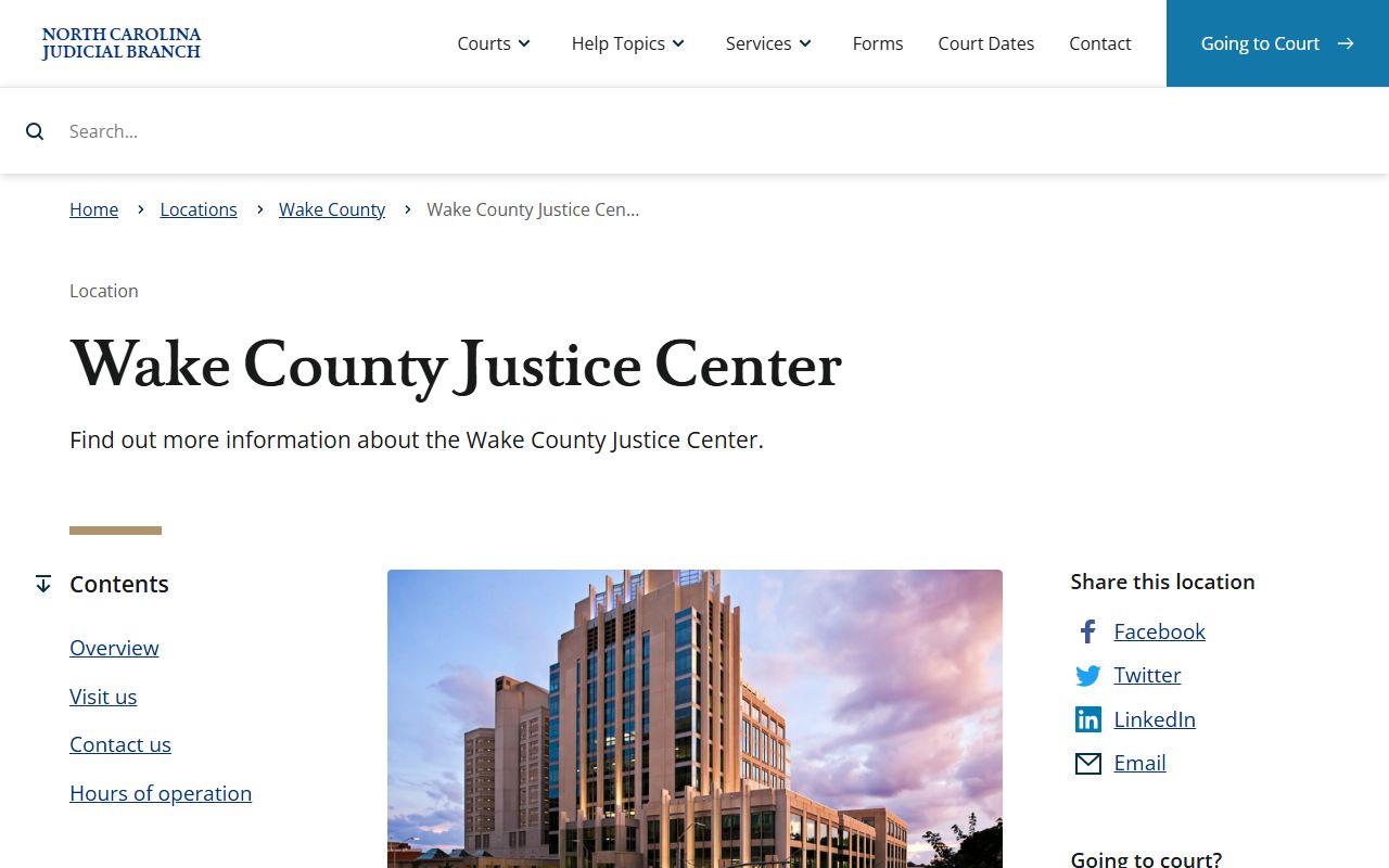Wake County Justice Center page for court services in Raleigh North Carolina