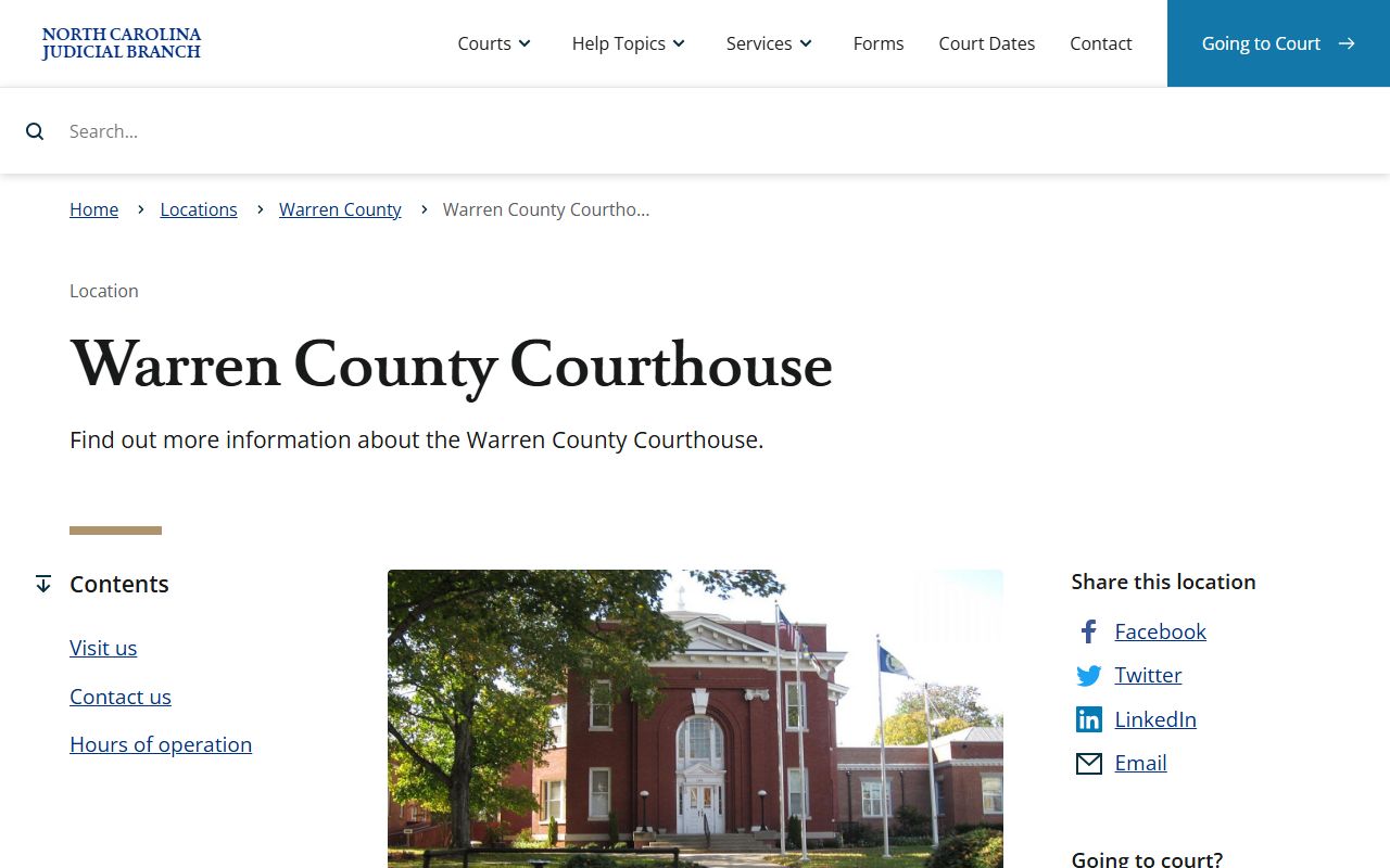 Warren County Courthouse page with civil court records access details in Warrenton North Carolina