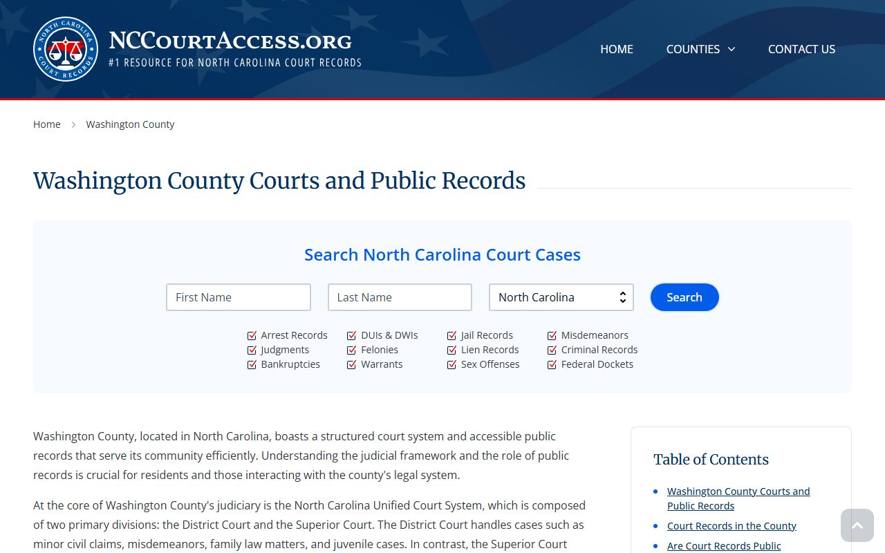 NC Judicial Branch guide for Washington County civil court records and local court services