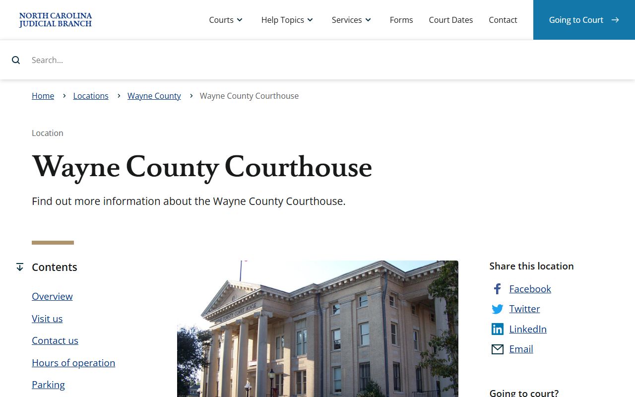 Wayne County Courthouse page showing civil court records access in Goldsboro North Carolina