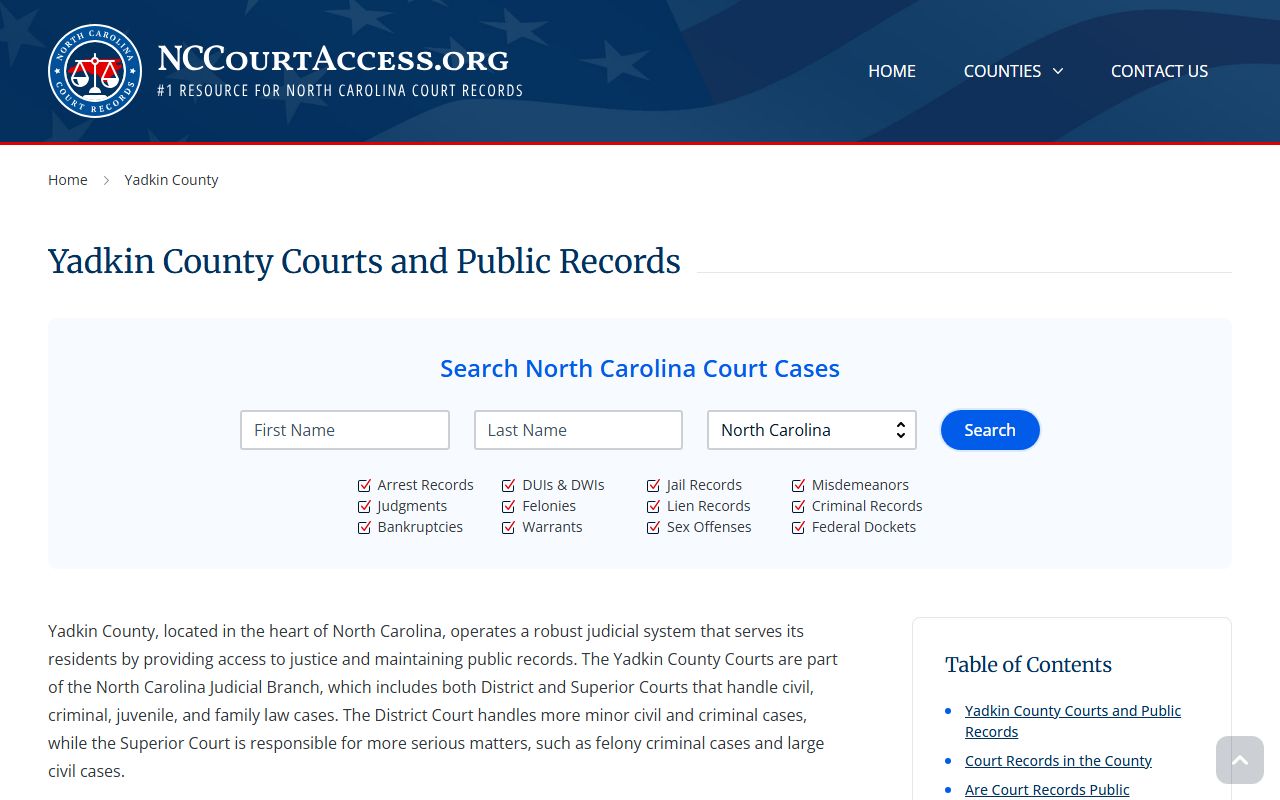 NC Judicial Branch guide for Yadkin County civil court records and court services