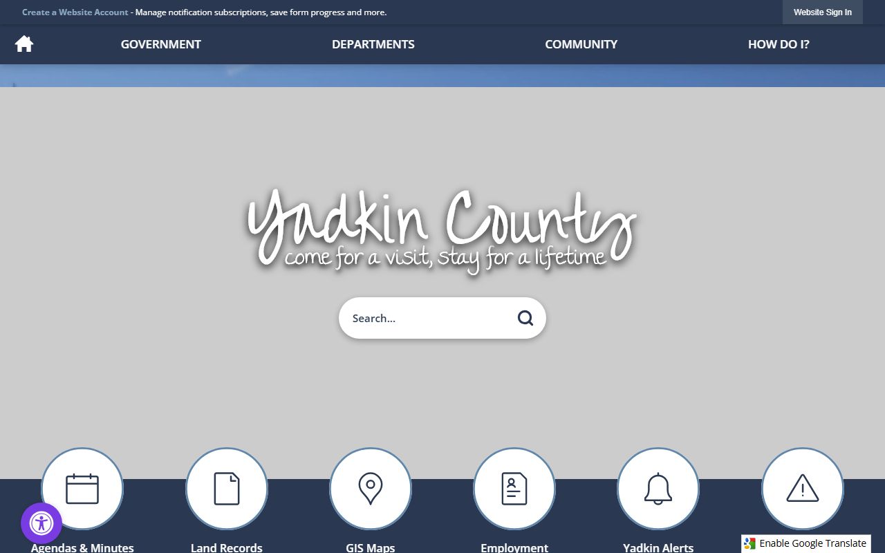 Yadkin County government website with links to civil court records and county services