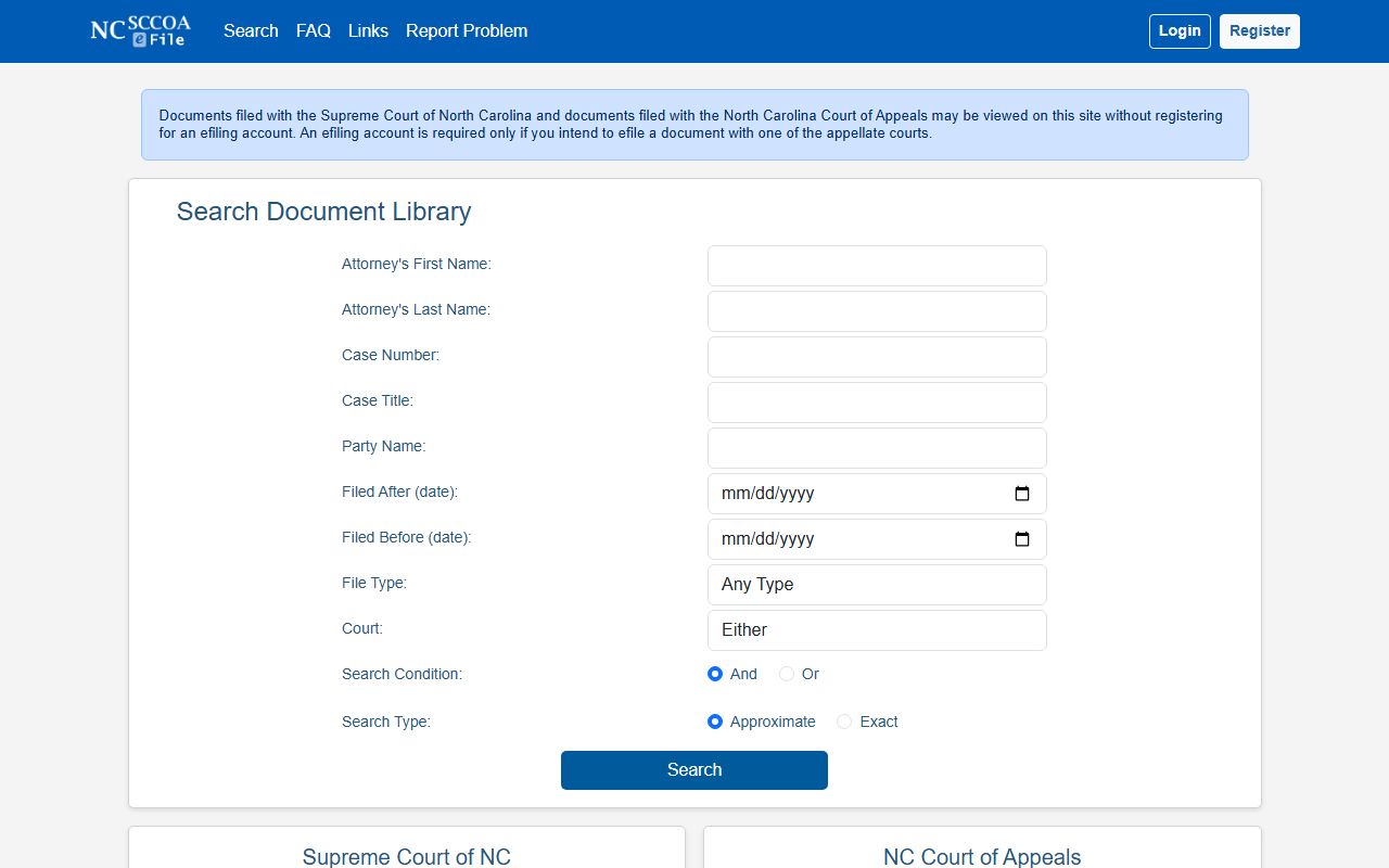 North Carolina appellate courts electronic filing site for civil court records appeals