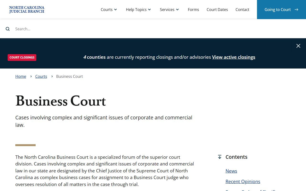 North Carolina Business Court portal for complex civil court records and commercial disputes