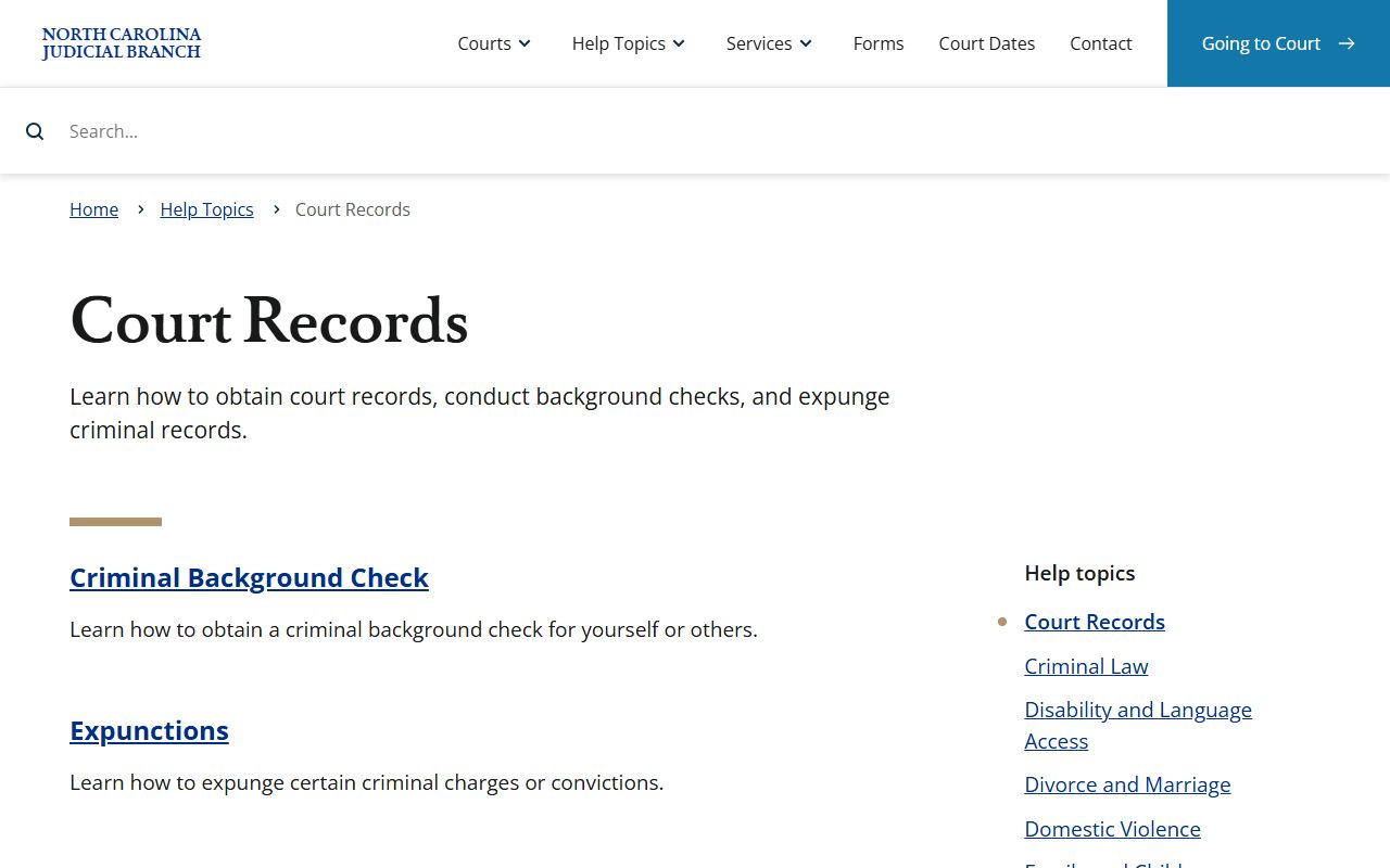 North Carolina court records help page for civil case information