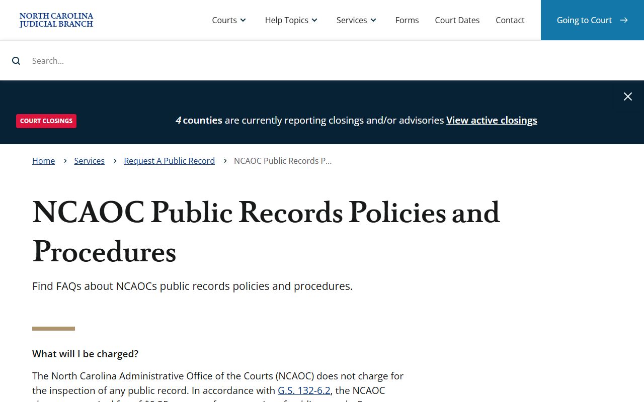 NCAOC public records request portal for North Carolina civil court records