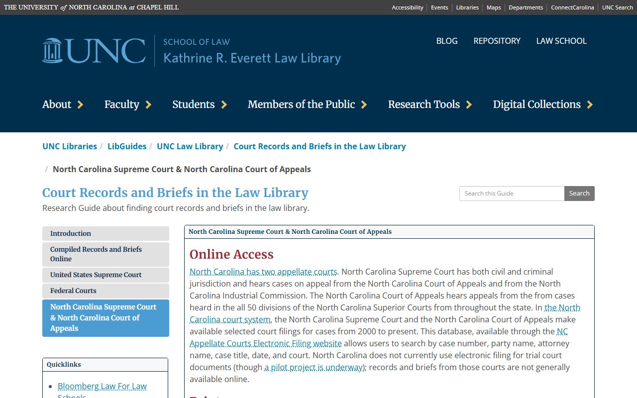 UNC Law Library guide for researching North Carolina civil court records